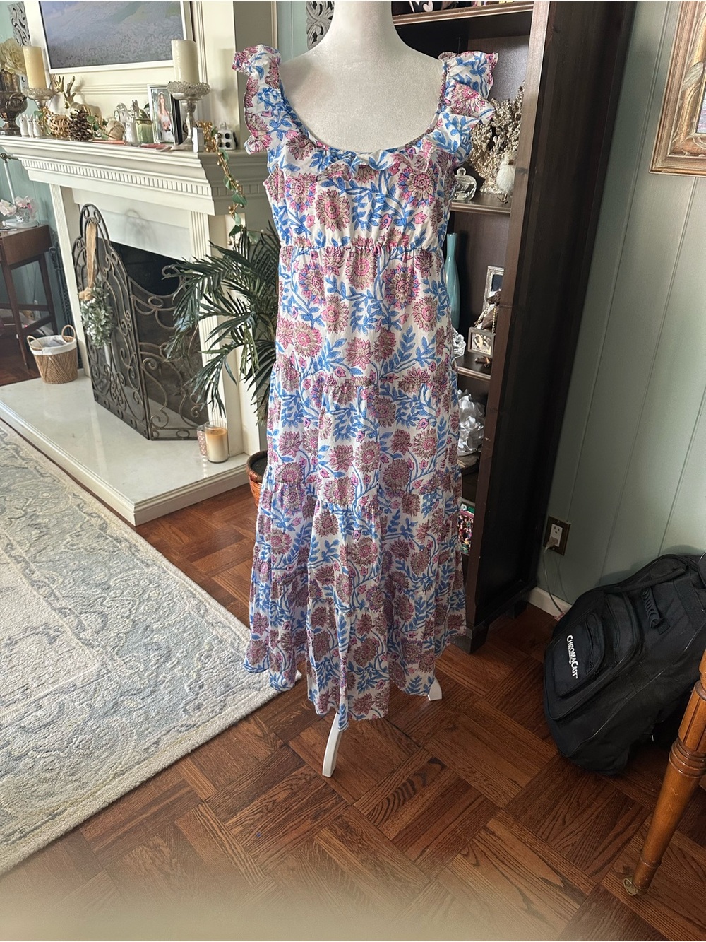 J. Crew Floral Ruffle-Strap Maxi Dress in Blue & Pink